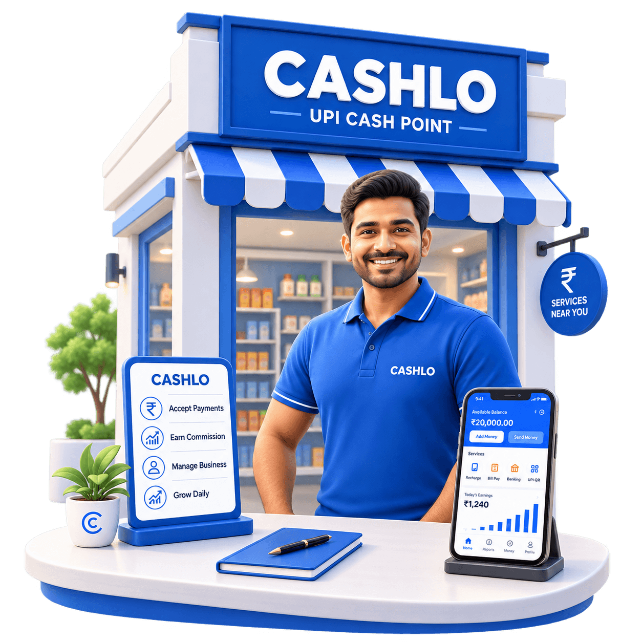 Cashlo retailer at his shop counter, offering digital banking services