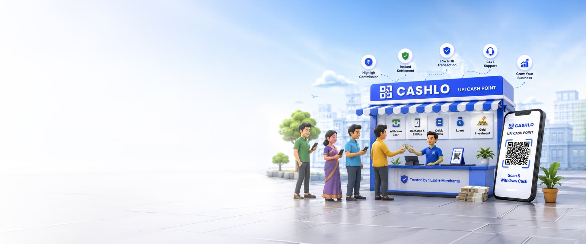 Cashlo UPI Cash Point kiosk with merchant serving customers