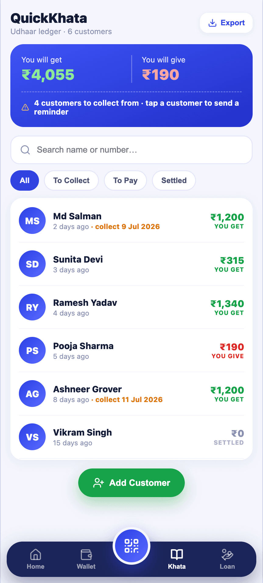QuickKhata ledger showing customer balances